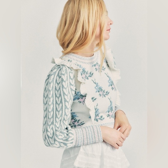 Cider Sweaters - Cider- Floral Patterned Sweater with Ruffle Details- size Small